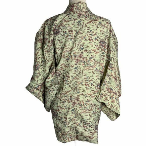 Vintage Floral Kimono Short Robe Jacket M Light Green Floral Lined Tie Waist - Picture 6 of 7